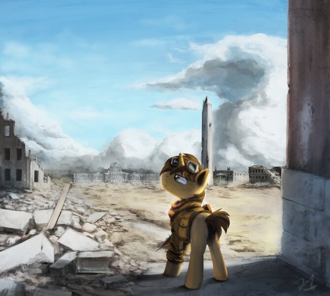 Size: 945x846 | Tagged: safe, artist:anticular, derpibooru import, oc, unofficial characters only, pony, unicorn, fallout equestria, bygone civilization, commission, crossover, fallout, solo, washington d.c., washington monument