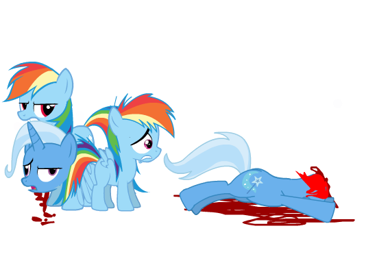 Size: 550x400 | Tagged: semi-grimdark, derpibooru import, rainbow dash, trixie, pony, blood, death, decapitated, disproportionate retribution, female, filly, flash, foal, lowres, mare, murder, rage, self ponidox, severed head, simple background, transparent background, trixiebuse, wat, younger