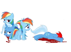 Size: 550x400 | Tagged: semi-grimdark, derpibooru import, rainbow dash, trixie, pony, blood, death, decapitated, disproportionate retribution, female, filly, flash, foal, lowres, mare, murder, rage, self ponidox, severed head, simple background, transparent background, trixiebuse, wat, younger