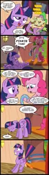 Size: 571x2000 | Tagged: safe, artist:madmax, derpibooru import, pinkie pie, spike, twilight sparkle, twilight sparkle (alicorn), oc, oc:pinkie jack, alicorn, pony, twilight time, belt, bipedal, comic, female, goofy time, image, kinkie pie, mare, meme, nachos, png, smack, spanking, whipping