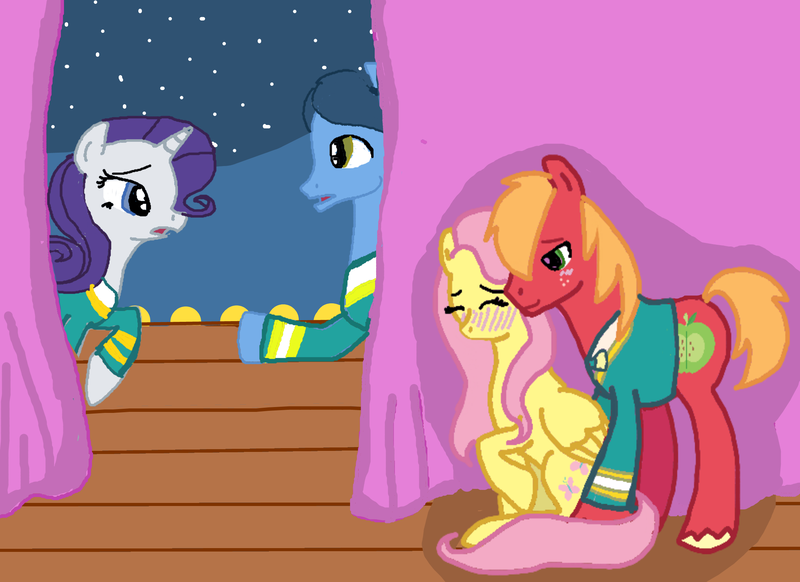 Size: 2338x1700 | Tagged: safe, artist:1231redflame, derpibooru import, big macintosh, fluttershy, rarity, toe-tapper, earth pony, pony, filli vanilli, blushing, eyes closed, fluttermac, male, raised hoof, shipping, sitting, smiling, stallion, straight