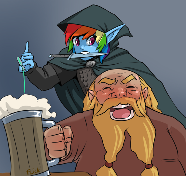 Size: 700x662 | Tagged: artist:flick-the-thief, assassin, dagger, derpibooru import, dwarf, elf ears, eyes closed, gray background, human, humanized, mug, poison, pony coloring, rainbow dash, semi-grimdark, simple background