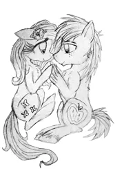 Size: 640x960 | Tagged: safe, artist:ilikepudding24, derpibooru import, big macintosh, fluttershy, earth pony, pony, chest fluff, fluttermac, male, monochrome, shipping, sketch, stallion, straight, wingless