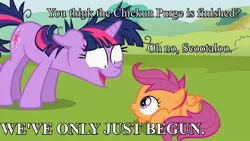 Size: 1280x720 | Tagged: 1408, chickun, derpibooru import, exploitable meme, forced meme, meme, safe, scootaloo, song reference, text, the great chickun purge, twilight snapple, twilight sparkle