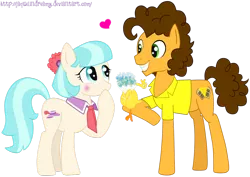 Size: 900x637 | Tagged: safe, artist:jaquelindreamz, derpibooru import, boneless, cheese sandwich, coco pommel, earth pony, pony, blushing, bouquet, cheesecoco, crack shipping, female, male, shipping, straight