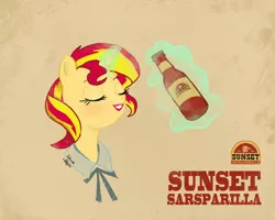 Size: 1280x1024 | Tagged: source needed, safe, artist:silence, derpibooru import, sunset shimmer, pony, unicorn, bust, collaboration, eyes closed, fallout: new vegas, female, glowing horn, horn, magic, mare, sarsparilla, solo, sunset sarsparilla, telekinesis