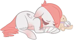 Size: 1050x570 | Tagged: safe, artist:monsterbunnies, derpibooru import, oc, oc:lula, unofficial characters only, pegasus, pony, bandage, blood, crying, eye clipping through hair, female, floppy ears, hair over one eye, mare, plushie, signature, solo