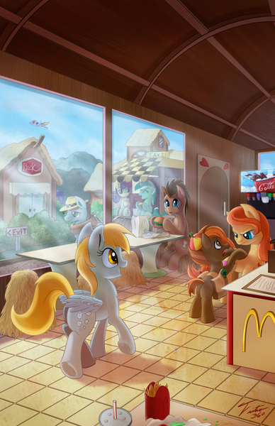 Size: 900x1391 | Tagged: safe, artist:tsitra360, derpibooru import, bon bon, button mash, derpy hooves, doctor whooves, lyra heartstrings, rainbow dash, oc, oc:cream heart, pegasus, pony, burger, crepuscular rays, doctor who, fast food, female, food, french fries, hay fries, jack in the box, mare, mcdonald's, restaurant, riding, tardis, taxi