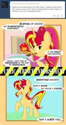 Size: 700x1319 | Tagged: safe, artist:miroslav46, derpibooru import, sunset shimmer, pony, unicorn, ask, book, fez, fireplace, hat, pipe, public service announcement, sunset shimmer hates you, tumblr