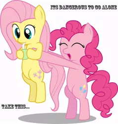 Size: 872x916 | Tagged: safe, artist:insanekitteh, artist:linkitch, artist:speccysy, derpibooru import, fluttershy, pinkie pie, pony, bipedal, cute, diapinkes, eyes closed, holding a pony, hoof hold, image macro, it's dangerous to go alone, juice box, meme, open mouth, quote, reference, shyabetes, simple background, smiling, take this, the legend of zelda, white background