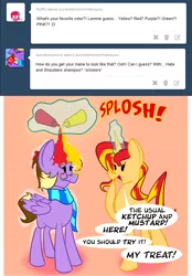 Size: 834x1200 | Tagged: safe, artist:miroslav46, derpibooru import, sunset shimmer, oc, pony, ask, ketchup, mustard, sunset shimmer hates you, tumblr