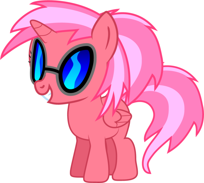 Size: 1024x921 | Tagged: safe, artist:creshosk, derpibooru import, vinyl scratch, oc, oc:cherry bloom, unofficial characters only, alicorn, pony, alicorn oc, alternate hairstyle, female, filly, foal, hooves, horn, simple background, smiling, solo, sunglasses, teeth, transparent background, vector, wings, xk-class end-of-the-world scenario
