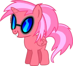 Size: 1024x921 | Tagged: safe, artist:creshosk, derpibooru import, vinyl scratch, oc, oc:cherry bloom, unofficial characters only, alicorn, pony, alicorn oc, alternate hairstyle, female, filly, foal, hooves, horn, simple background, smiling, solo, sunglasses, teeth, transparent background, vector, wings, xk-class end-of-the-world scenario