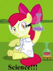 Size: 536x717 | Tagged: safe, derpibooru import, edit, screencap, apple bloom, earth pony, pony, twilight time, adorabloom, adorkable, clothes, cute, dork, dr. insano, female, filly, image macro, lab coat, meme, safety goggles, science, sitting, solo, text