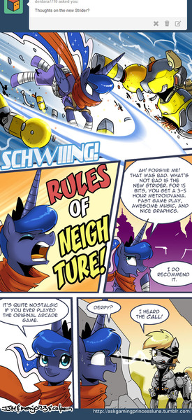Size: 650x1418 | Tagged: safe, artist:johnjoseco, derpibooru import, derpy hooves, princess luna, pegasus, pony, ask gaming princess luna, gamer luna, comic, epic derpy, female, image, jpeg, konami, mare, metal gear, metal gear rising, parody, pun, raiden, rules of nature, strider, tumblr