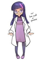 Size: 560x802 | Tagged: adorkable, artist:ujey02, clothes, cute, derpibooru import, dork, dress, glasses, human, humanized, lab coat, looking at you, open mouth, safe, smiling, solo, standing, stockings, thigh highs, tights, twilight sparkle