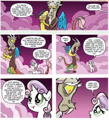 Size: 1285x1453 | Tagged: safe, artist:tonyfleecs, derpibooru import, idw, discord, sweetie belle, draconequus, pony, unicorn, friends forever, spoiler:comic, spoiler:comicff2, comic, cute, diasweetes, duo, female, filly, foal, male, official comic, purple background, simple background, smoke, speech bubble, teary eyes