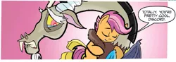 Size: 1083x383 | Tagged: safe, artist:tonyfleecs, derpibooru import, idw, discord, scootaloo, draconequus, pegasus, pony, friends forever, spoiler:comic, spoiler:comicff2, cropped, discordlove, duo, eyes closed, female, filly, foal, heartwarming, lip bite, male, official comic, pink background, simple background, speech bubble, teary eyes