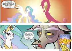 Size: 1307x933 | Tagged: safe, artist:tonyfleecs, derpibooru import, idw, discord, princess celestia, alicorn, draconequus, pony, friends forever, spoiler:comic, spoiler:comicff2, comic, duo, female, finger snap, male, mare, official comic, speech bubble