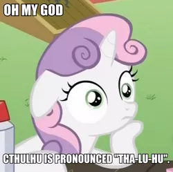 Size: 500x497 | Tagged: caption, cropped, cthulhu, derpibooru import, edit, edited screencap, exploitable meme, floppy ears, hoof on chin, image macro, meme, ponyville confidential, safe, screencap, solo, sudden clarity sweetie belle, sweetie belle, text