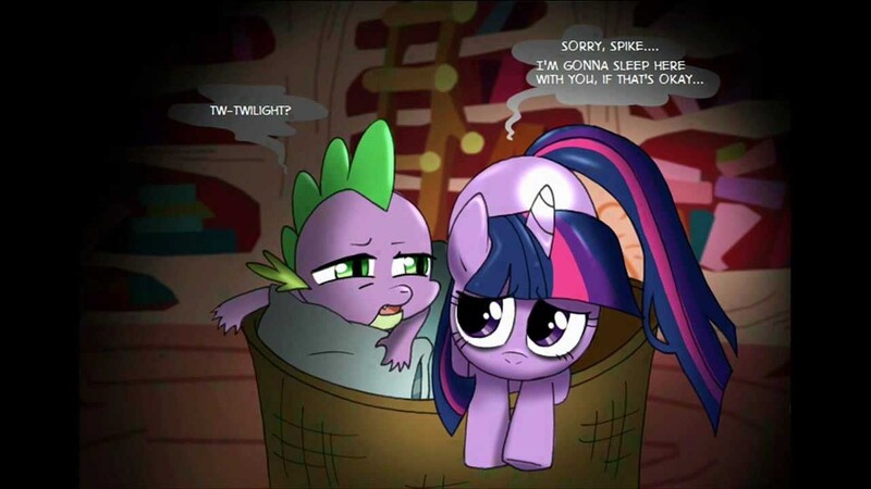 Size: 1280x720 | Tagged: artist:musapan, basket, cropped, derpibooru import, fanfic:cupcakes, safe, scared, spike, twilight sparkle