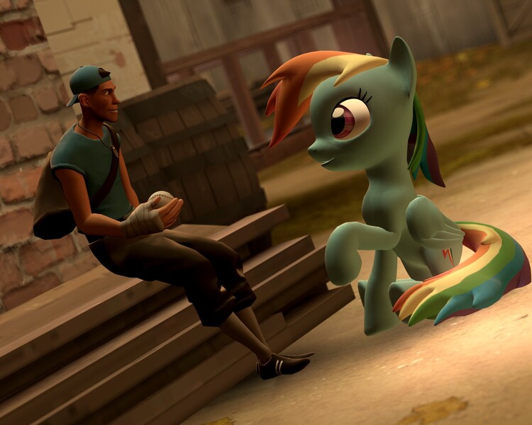 Size: 1280x1024 | Tagged: 3d, artist:gergta, baseball, crossover, derpibooru import, gmod, koth harvest, rainbow dash, safe, scout, sitting, team fortress 2