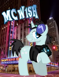 Size: 1024x1325 | Tagged: safe, artist:chibiwerks, derpibooru import, neon lights, rising star, vinyl scratch, pony, unicorn, clothes, female, irl, male, mare, mc w1sh, neon, neon sign, new york city, obtrusive watermark, photo, radio city music hall, record, shirt, solo, stallion, sunglasses, watermark