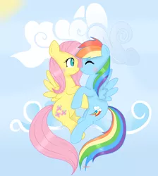 Size: 2000x2232 | Tagged: safe, artist:ashourii, derpibooru import, fluttershy, rainbow dash, blushing, cuddling, cute, dashabetes, eyes closed, female, flutterdash, flying, hug, lesbian, shipping, shyabetes, smiling, snuggling, spread wings