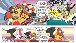 Size: 1035x596 | Tagged: safe, artist:tonyfleecs, derpibooru import, idw, apple bloom, discord, scootaloo, sweetie belle, draconequus, earth pony, pegasus, pony, unicorn, friends forever, spoiler:comic, spoiler:comicff2, car, checkered flag, comic, cutie mark crusaders, female, filly, foal, go kart, headset, male, official comic, race cars, racecar, speech bubble, steampunk, wagon