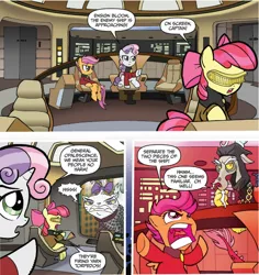 Size: 530x561 | Tagged: safe, artist:tonyfleecs, derpibooru import, idw, apple bloom, discord, opalescence, scootaloo, sweetie belle, cat, draconequus, earth pony, pegasus, pony, unicorn, friends forever, spoiler:comic, spoiler:comicff2, comic, cutie mark crusaders, disqord, female, filly, foal, geordi laforge, jean-luc picard, male, official comic, q, romulan, speech bubble, star trek, star trek: the next generation, visor, voice actor joke, william riker