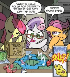 Size: 476x524 | Tagged: safe, artist:tonyfleecs, derpibooru import, idw, apple bloom, discord, scootaloo, sweetie belle, dragon, earth pony, pegasus, pony, unicorn, friends forever, spoiler:comic, spoiler:comicff2, broken glasses, comic, cutie mark crusaders, dice, dungeon master, dungeons and dragons, eyes closed, female, filly, finger snap, foal, glasses, honey dew (drink), official comic, ogres and oubliettes, rarity's glasses, scootaloo is not amused, speech bubble, tabletop game, unamused