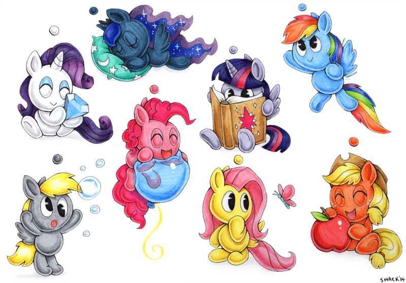 Size: 900x628 | Tagged: safe, artist:snacky-bites, derpibooru import, applejack, derpy hooves, fluttershy, pinkie pie, princess luna, rainbow dash, rarity, twilight sparkle, twilight sparkle (alicorn), alicorn, butterfly, chao, pony, apple, balloon, book, bubble, crossover, cute, diamond, eyes closed, female, mane six, mare, open mouth, pillow, reading, sleeping, sonic adventure, sonic adventure 2, sonic the hedgehog (series), traditional art