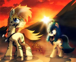 Size: 1200x978 | Tagged: safe, artist:ruhisu, derpibooru import, earth pony, pony, brother, cloud, cloudy, desert, female, male, mare, markings, scar, shading, shadow, siblings, sister, sparkles, stallion, standing, sunset, sword, warrior, wasteland