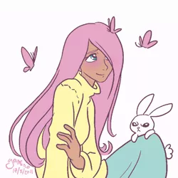 Size: 600x601 | Tagged: angel bunny, artist:yamino, butterfly, clothes, derpibooru import, female, fluttershy, human, human female, humanized, long skirt, moderate dark skin, safe, simple background, skirt, solo, sweater, sweatershy, turtleneck, white background