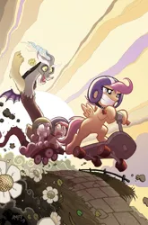 Size: 674x1024 | Tagged: safe, artist:tonyfleecs, derpibooru import, idw, apple bloom, discord, scootaloo, sweetie belle, draconequus, earth pony, pegasus, pony, unicorn, friends forever, spoiler:comic, spoiler:comicff2, action pose, cutie mark crusaders, female, filly, foal, helmet, male, official comic, riding, scared, scooter, wagon