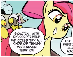 Size: 597x469 | Tagged: safe, artist:tonyfleecs, derpibooru import, idw, apple bloom, discord, draconequus, earth pony, pony, friends forever, spoiler:comic, spoiler:comicff2, cropped, female, filly, foal, male, official comic, speech bubble