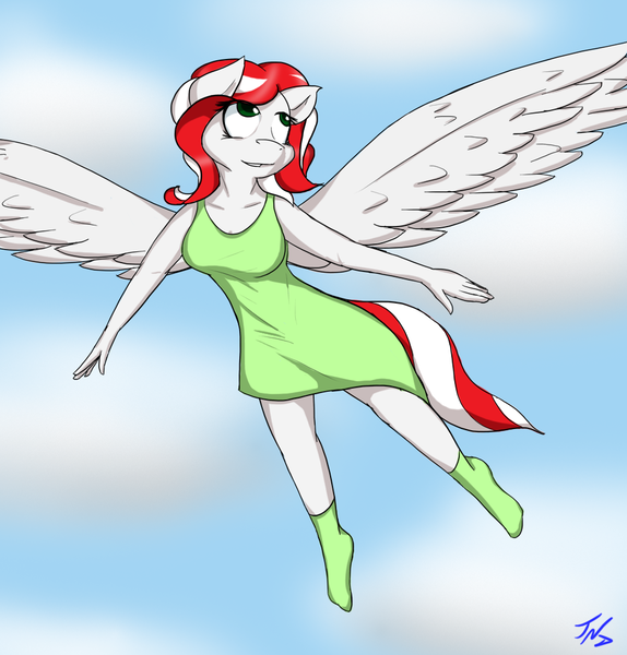 Size: 956x1000 | Tagged: safe, artist:tunderi, derpibooru import, oc, oc:peppermint pattie, unofficial characters only, anthro, anthro oc, clothes, dress, flying, socks, solo