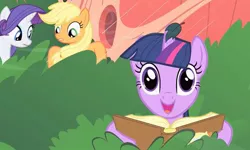Size: 541x324 | Tagged: applejack, blank stare, book, derpibooru import, faic, golden oaks library, i can see forever, look before you sleep, out of context, rarity, safe, screencap, tree, twilight sparkle