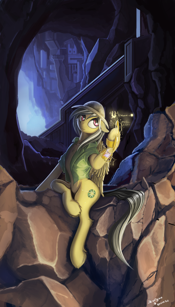 Size: 992x1741 | Tagged: safe, artist:rublegun, derpibooru import, daring do, pegasus, pony, cave, chest fluff, e=mc^2, fluffy, glow, goa'uld hand device, looking at something, ruins, solo, stargate sg1