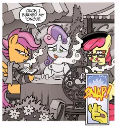 Size: 656x695 | Tagged: safe, artist:tonyfleecs, derpibooru import, idw, apple bloom, discord, scootaloo, sweetie belle, earth pony, pegasus, pony, unicorn, friends forever, spoiler:comic, spoiler:comicff2, beatnik, beret, clothes, coffee, cutie mark crusaders, female, filly, finger snap, foal, glasses, hipster, hipsterloo, moustache, official comic, scarf, speech bubble, sweater, turtleneck