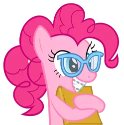 Size: 1052x1058 | Tagged: safe, artist:zacatron94, derpibooru import, part of a set, pinkie pie, earth pony, pony, adorkable, alternate hairstyle, book, braces, cute, diapinkes, dork, glasses, grin, nerd pony, ponytail, simple background, smiling, solo, transparent background, vector