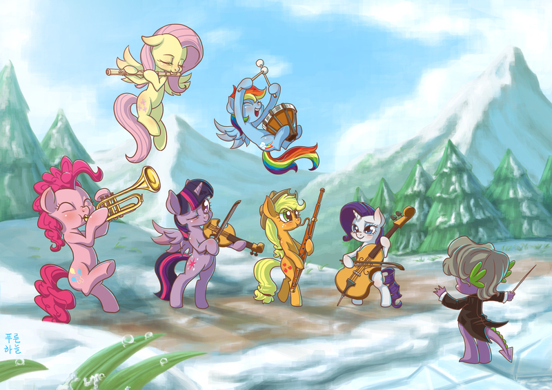 Size: 3508x2480 | Tagged: safe, artist:mrs1989, derpibooru import, applejack, fluttershy, pinkie pie, rainbow dash, rarity, spike, twilight sparkle, twilight sparkle (alicorn), alicorn, pony, band, bassoon, bipedal, concert, drums, female, flute, mane seven, mane six, mare, music, musical instrument, orchestra, scenery, snow, tree, trumpet, violin, wig