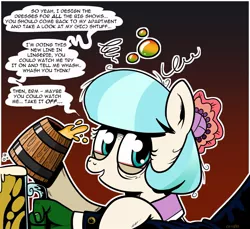 Size: 900x826 | Tagged: adorkable, alcohol, artist:catfood-mcfly, cider, cocobetes, coco pommel, cute, derpibooru import, dialogue, dork, drunk, flirting, looking at you, oc, oc:anon, smiling, speech bubble, suggestive