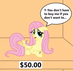 Size: 1177x1148 | Tagged: artist:vincentthecrow, barcode, bronybait, derpibooru import, fluttershy, for sale, part of a set, ponies for sale, price tag, safe, shut up and take my money, solo, speech bubble