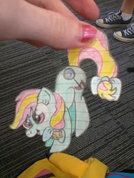 Size: 720x960 | Tagged: artist:partylikeanartist, bow, candy axe, derpibooru import, hand, hanging, oc, paper child, papercraft, paper pony, photo, safe, solo, traditional art, unofficial characters only