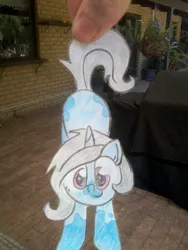 Size: 720x960 | Tagged: safe, artist:partylikeanartist, derpibooru import, oc, oc:roiling steam, unofficial characters only, pony, unicorn, hand, hanging, paper child, paper pony, papercraft, photo, solo, traditional art