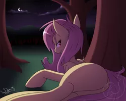 Size: 2500x2000 | Tagged: artist:silverfox057, blank flank, derpibooru import, female, flutterbat, fluttershy, forest, moon, night, plot, sexy, side, sinfully sexy, solo, solo female, suggestive