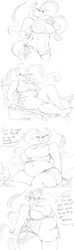 Size: 800x2720 | Tagged: suggestive, artist:sirmasterdufel, derpibooru import, princess celestia, anthro, plantigrade anthro, barefoot, bbw, belly, belly button, big breasts, bikini, breasts, busty princess celestia, cakelestia, chubby, chubbylestia, cleavage, clothes, comic, cup, curvy, dialogue, eating, erect nipples, fat, feet, female, grayscale, ice cream, licking, licking lips, monochrome, muffin top, nipple outline, offscreen character, plate, plump, sitting, solo, solo female, speech bubble, swimsuit, tanktop, tongue out, weight gain, weight gain sequence, wide hips