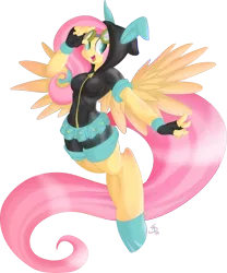 Size: 1417x1700 | Tagged: anthro, artist:falleninthedark, bunny ears, clothes, dangerous mission outfit, derpibooru import, female, fluttershy, goggles, hoodie, looking at you, open mouth, safe, smiling, solo, unguligrade anthro