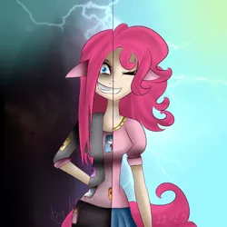 Size: 894x894 | Tagged: artist:katedoof, breasts, derpibooru import, duality, eared humanization, female, human, humanized, pinkamena diane pie, pinkie pie, semi-grimdark, solo, tailed humanization